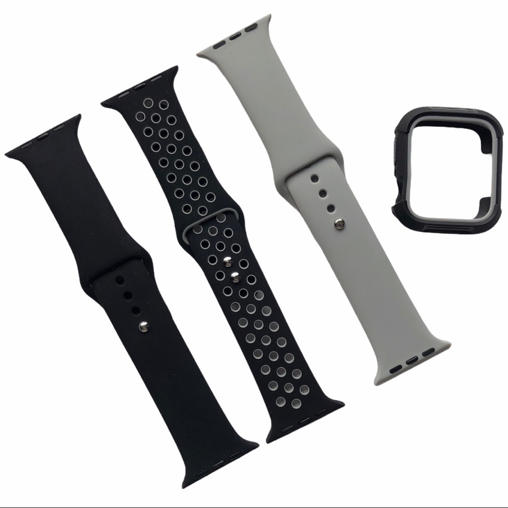 3 Silicone Sport Bands + Bumper Apple Watch 44/45mm M/L Black Gray NEW